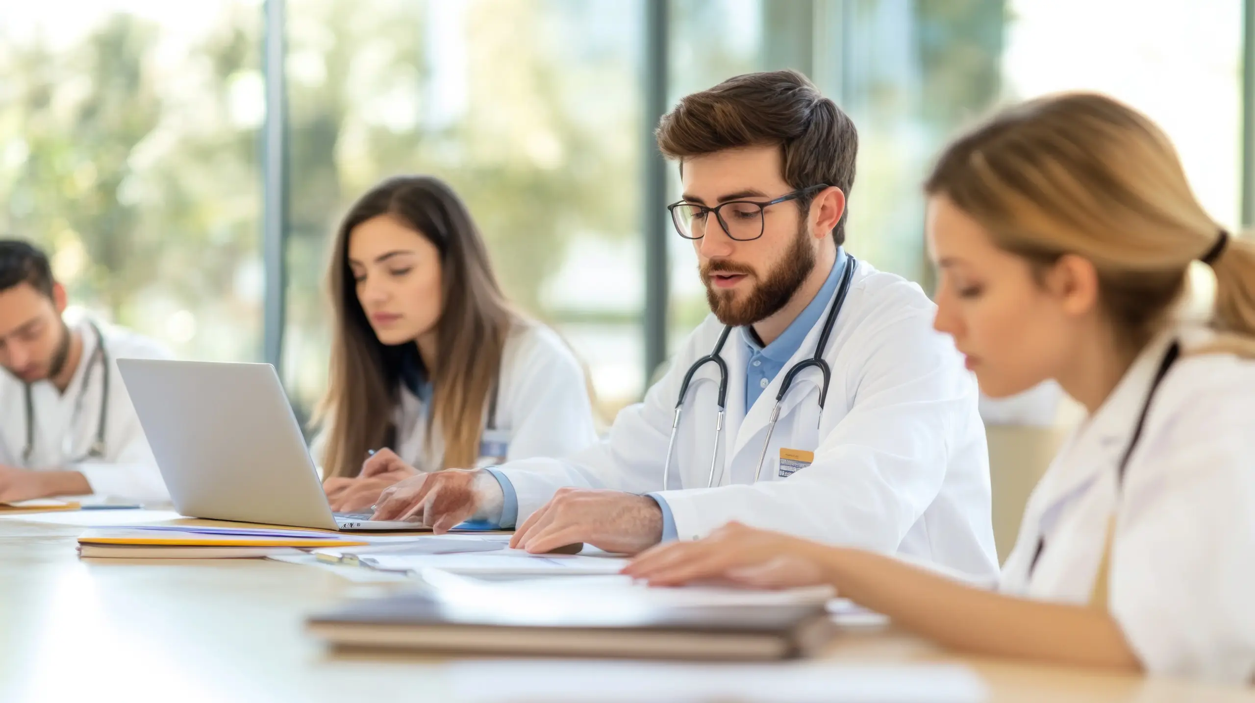 Medical students studying in a Polish university classroom