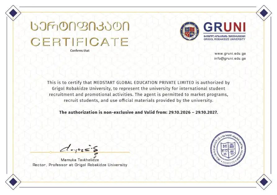 MedStart Global Education Private Limited authorization certificate from Grigol Robakidze University for international student recruitment and promotional activities, valid from 29 October 2026 to 29 October 2027.